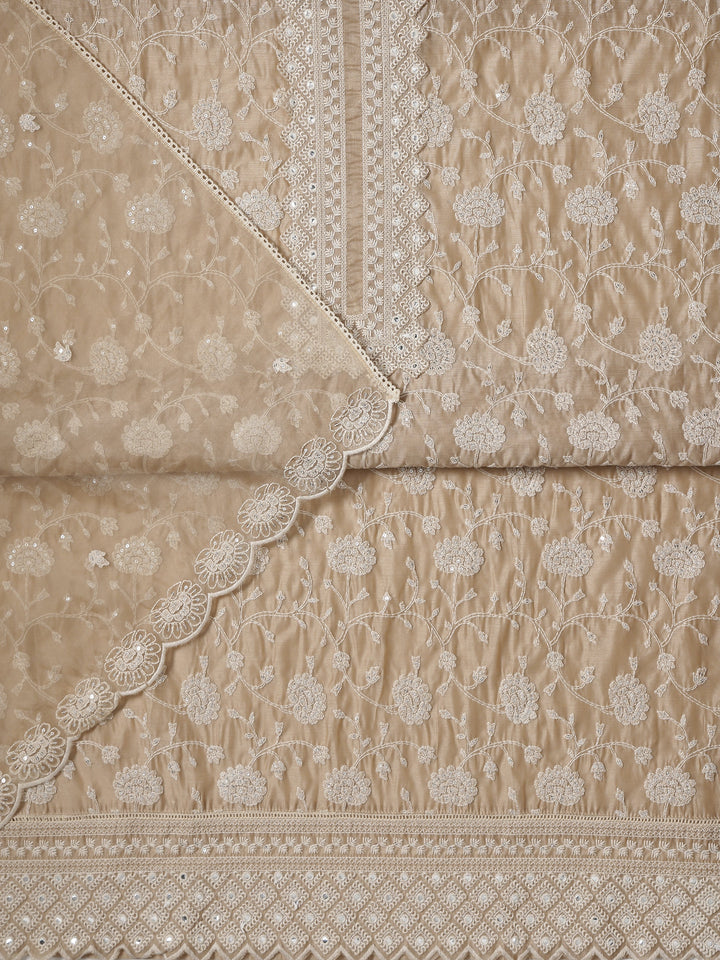 Beige Embroidered Silk blend Dress Material With Dupatta