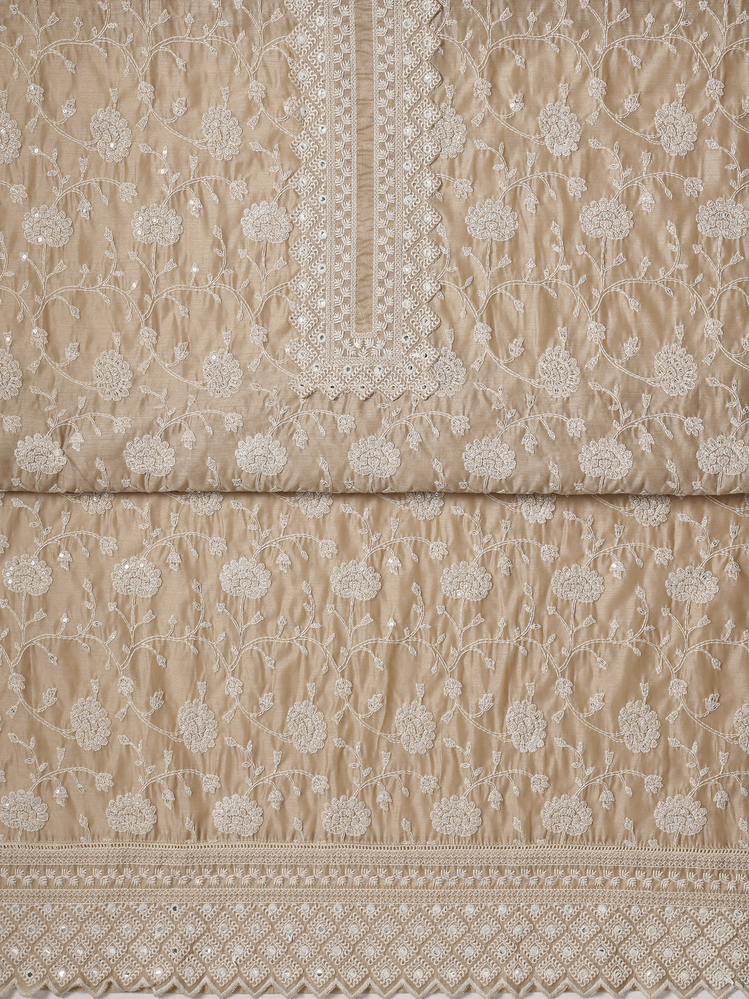 Beige Embroidered Silk blend Dress Material With Dupatta