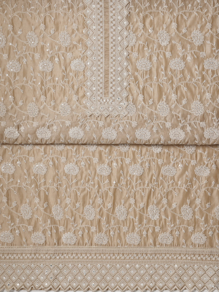 Beige Embroidered Silk blend Dress Material With Dupatta