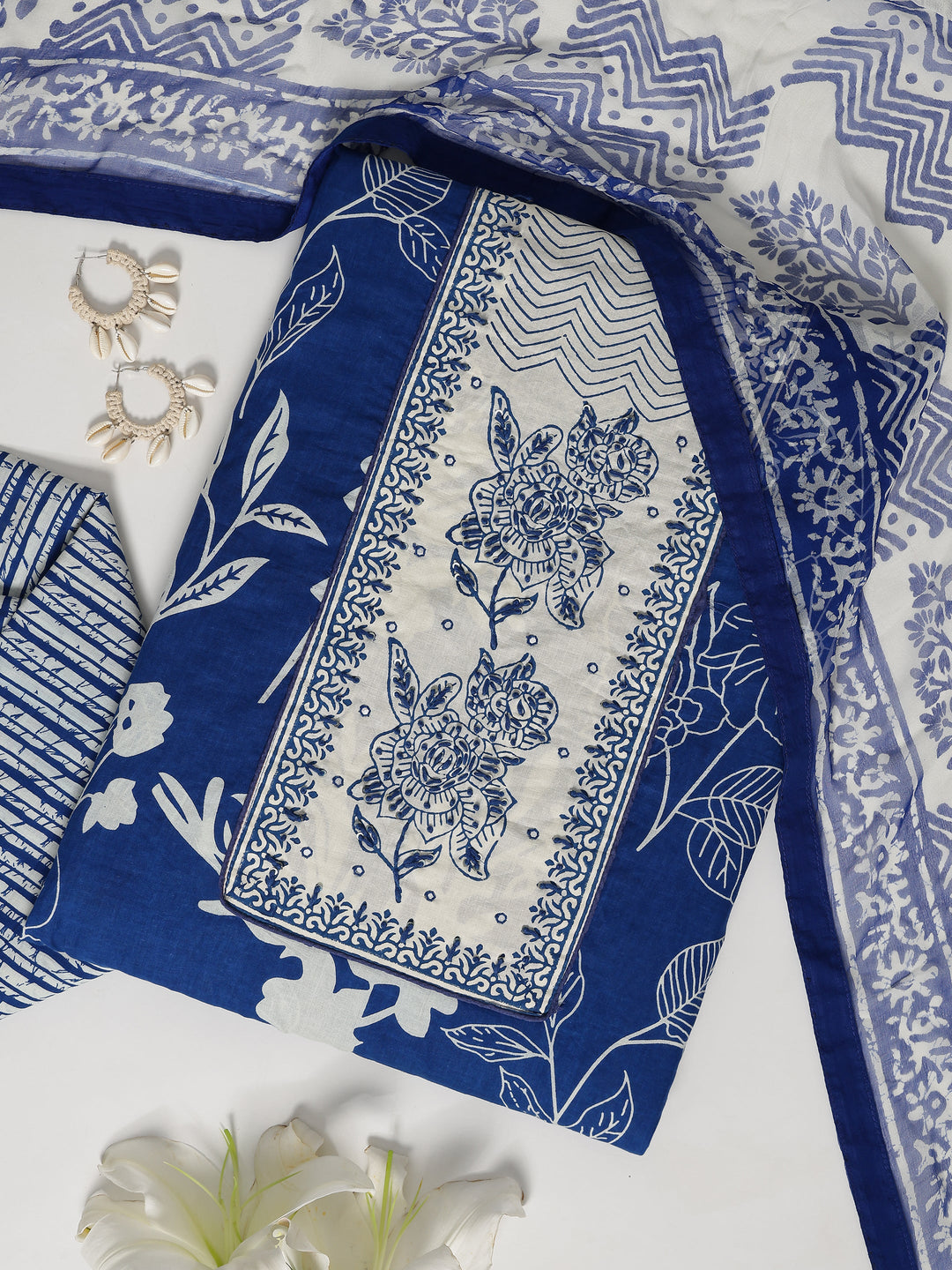 Blue Printed Cotton Dress Material With Dupatta