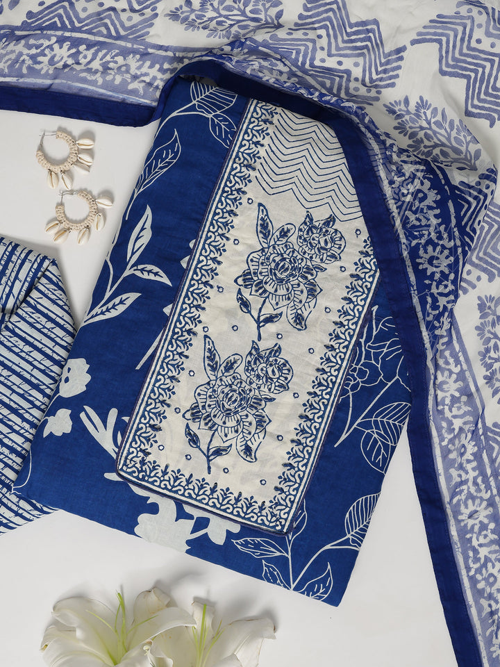 Blue Printed Cotton Dress Material With Dupatta