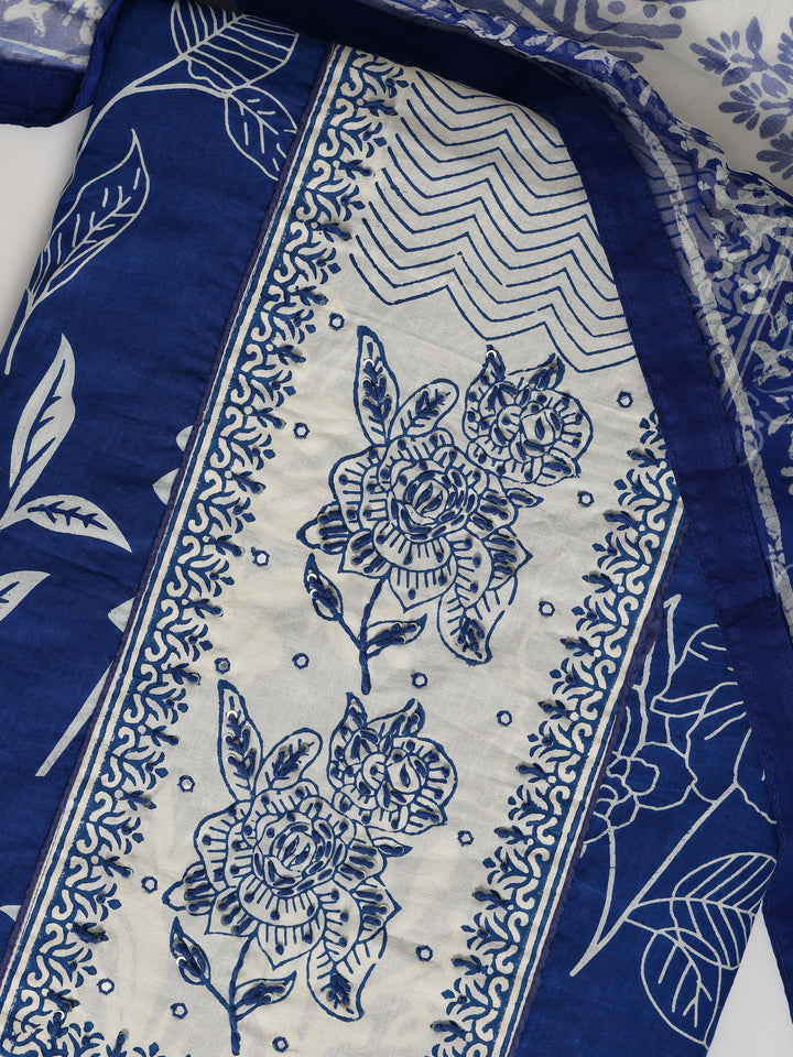 Blue Printed Cotton Dress Material With Dupatta