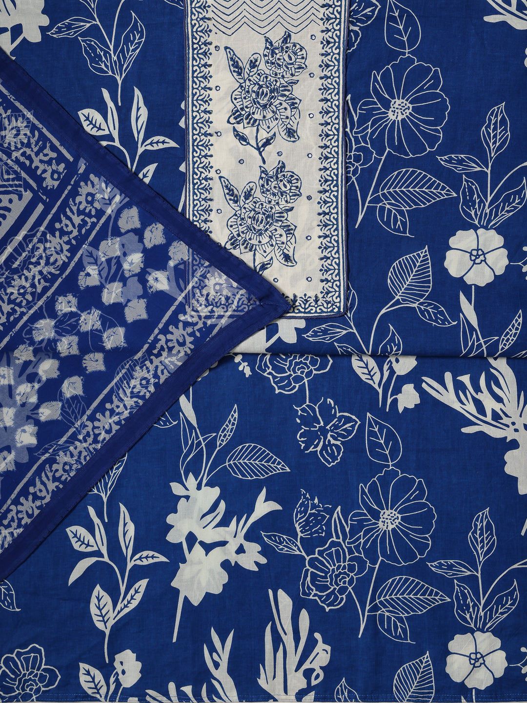 Blue Printed Cotton Dress Material With Dupatta
