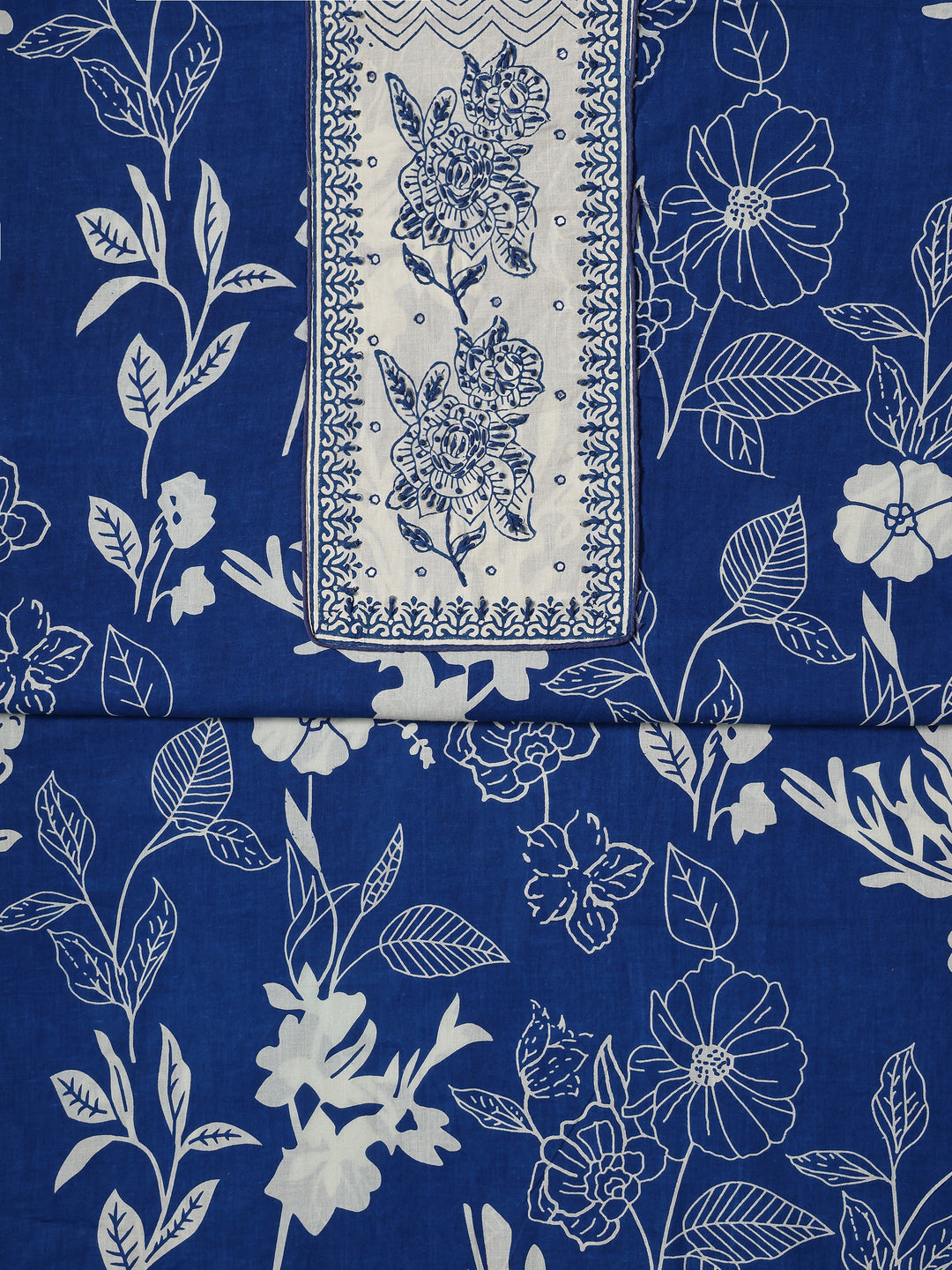 Blue Printed Cotton Dress Material With Dupatta