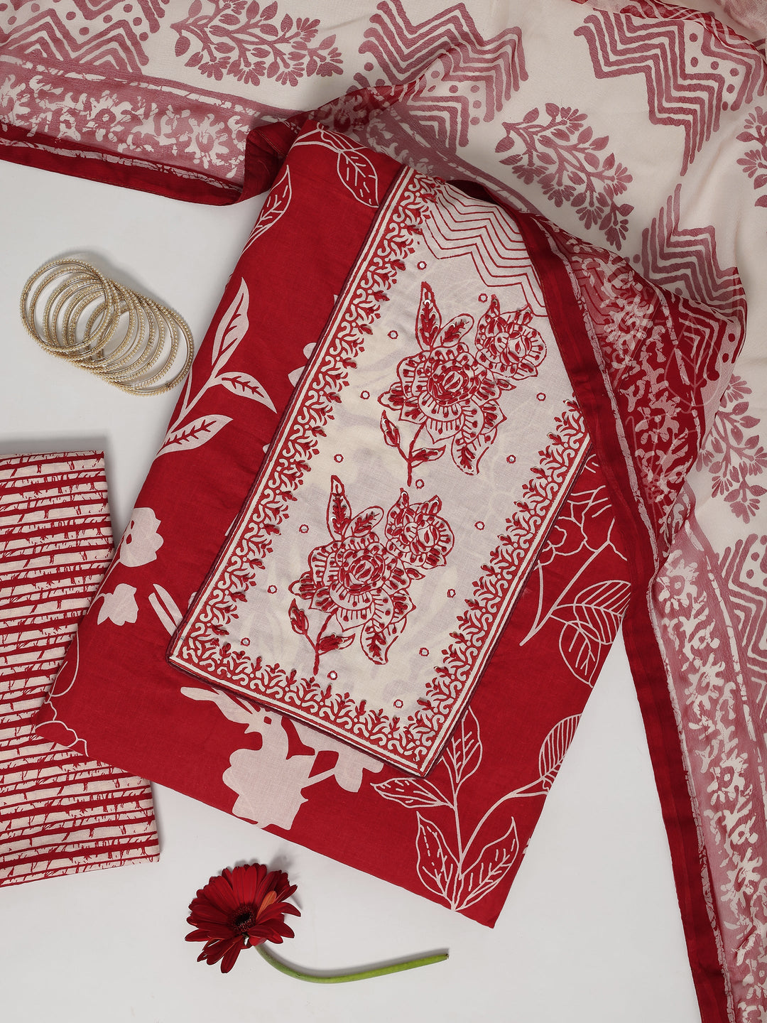 Red Printed Cotton Dress Material With Dupatta