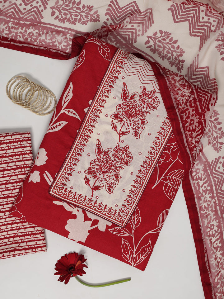 Red Printed Cotton Dress Material With Dupatta