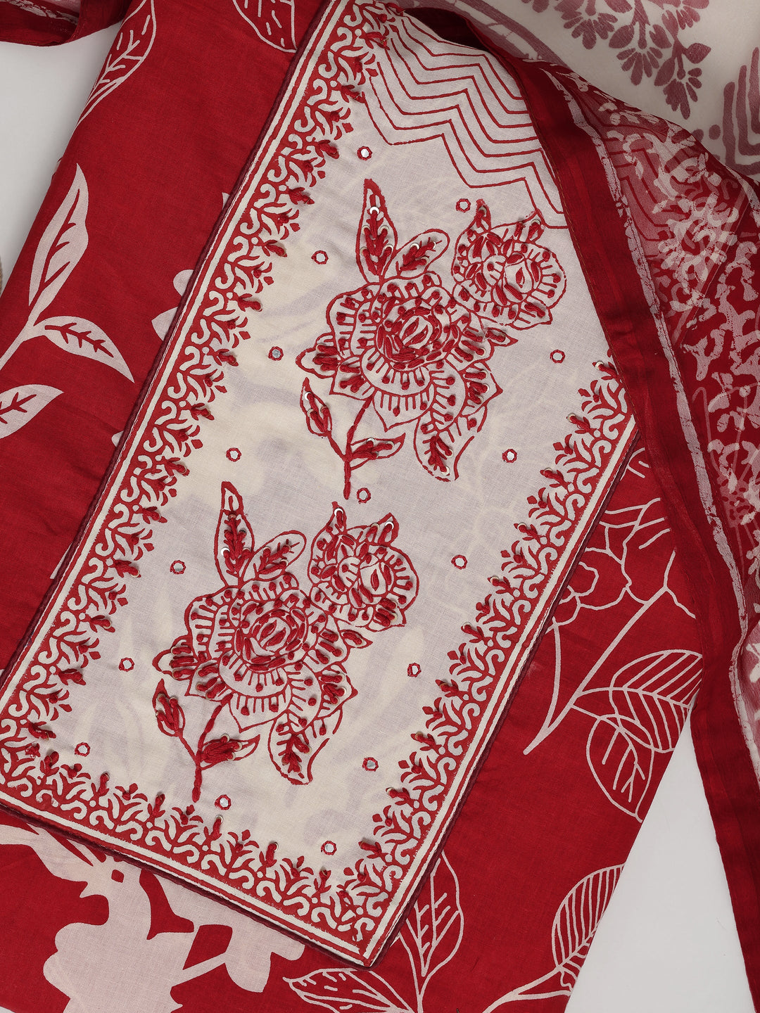 Red Printed Cotton Dress Material With Dupatta
