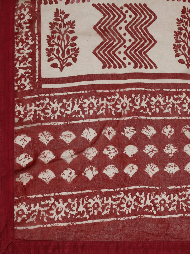 Red Printed Cotton Dress Material With Dupatta