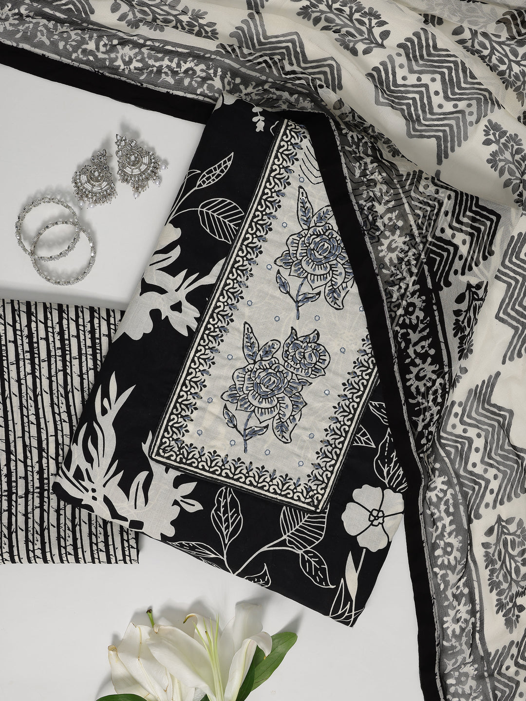 Black Printed Cotton Dress Material With Dupatta