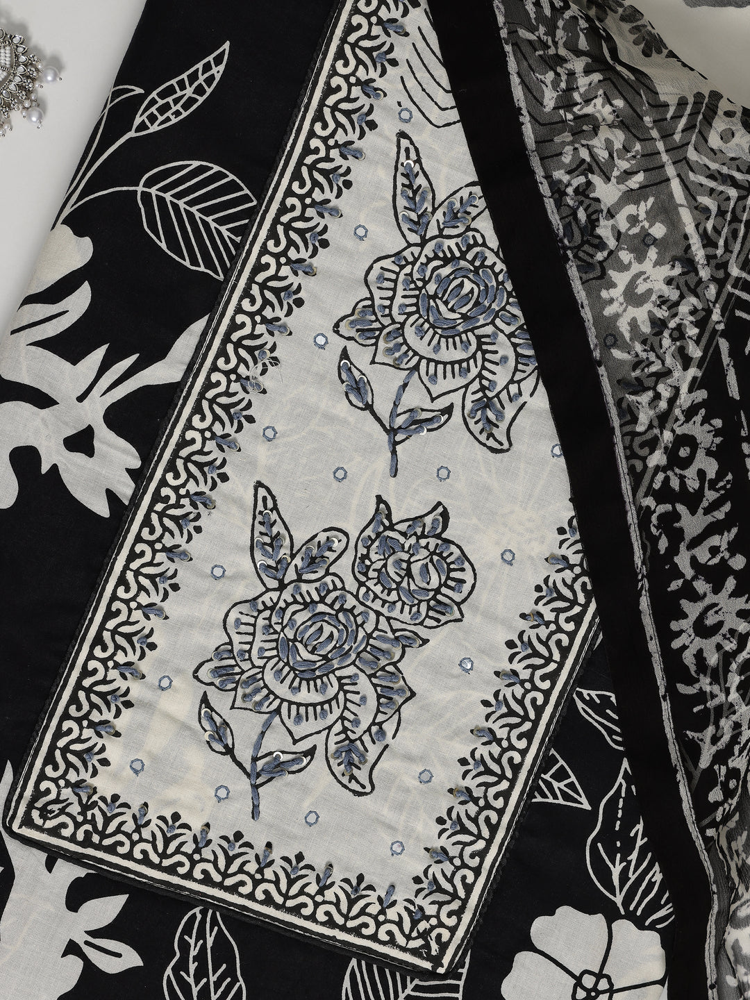 Black Printed Cotton Dress Material With Dupatta