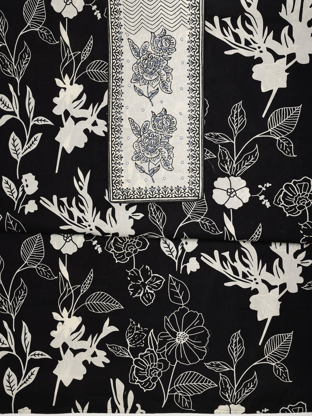 Black Printed Cotton Dress Material With Dupatta