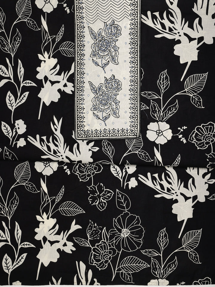 Black Printed Cotton Dress Material With Dupatta