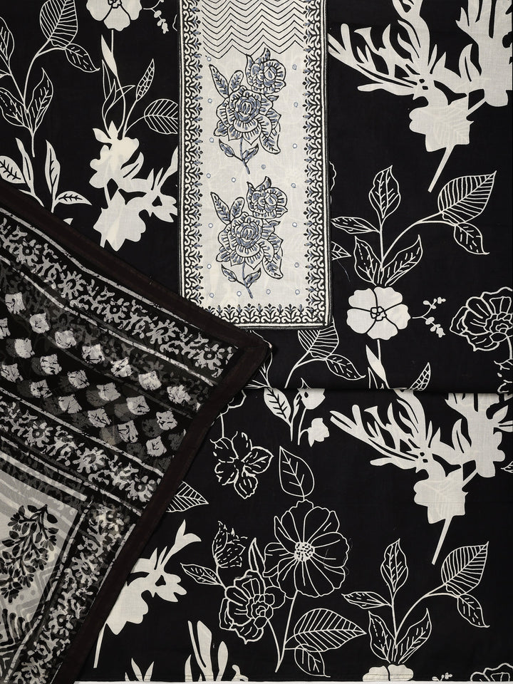 Black Printed Cotton Dress Material With Dupatta
