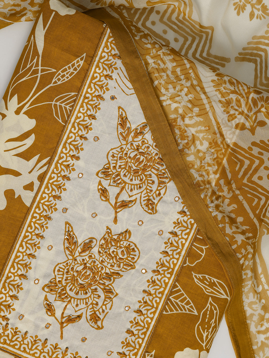 Mustard Printed Cotton Dress Material With Dupatta