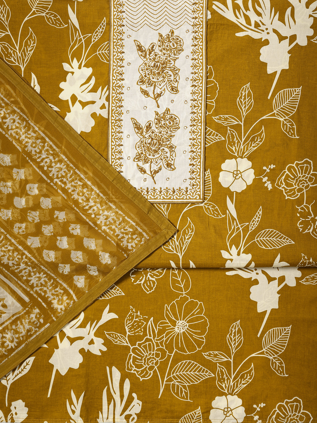 Mustard Printed Cotton Dress Material With Dupatta