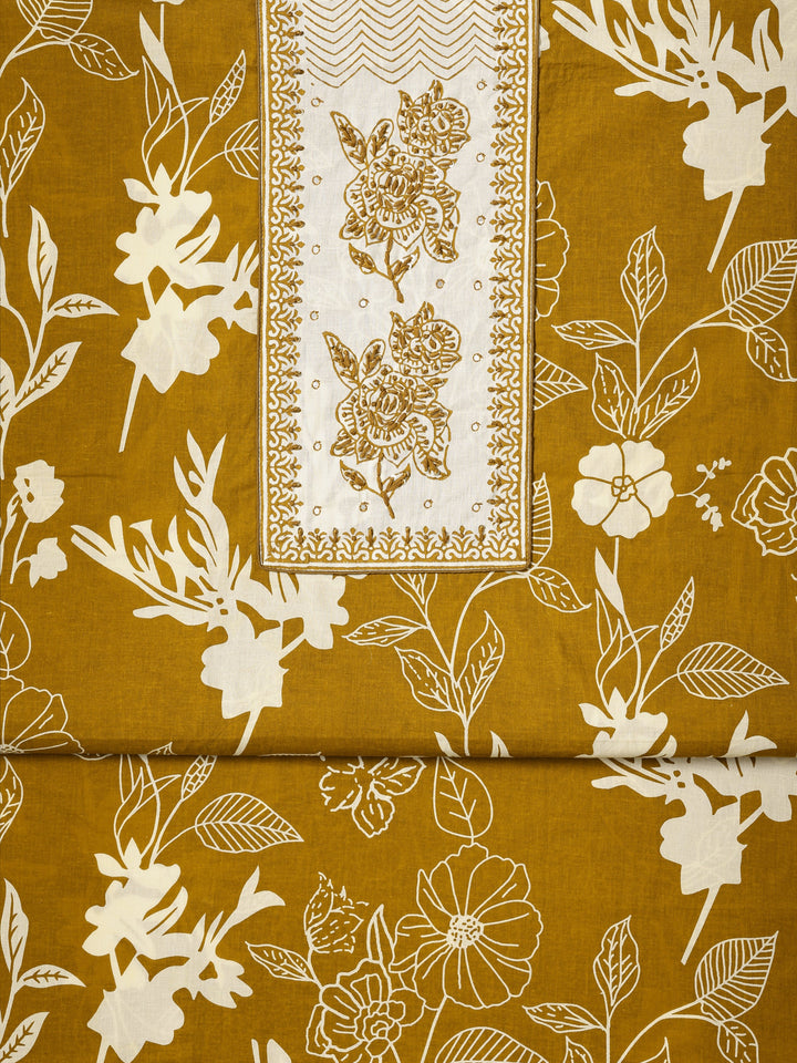 Mustard Printed Cotton Dress Material With Dupatta