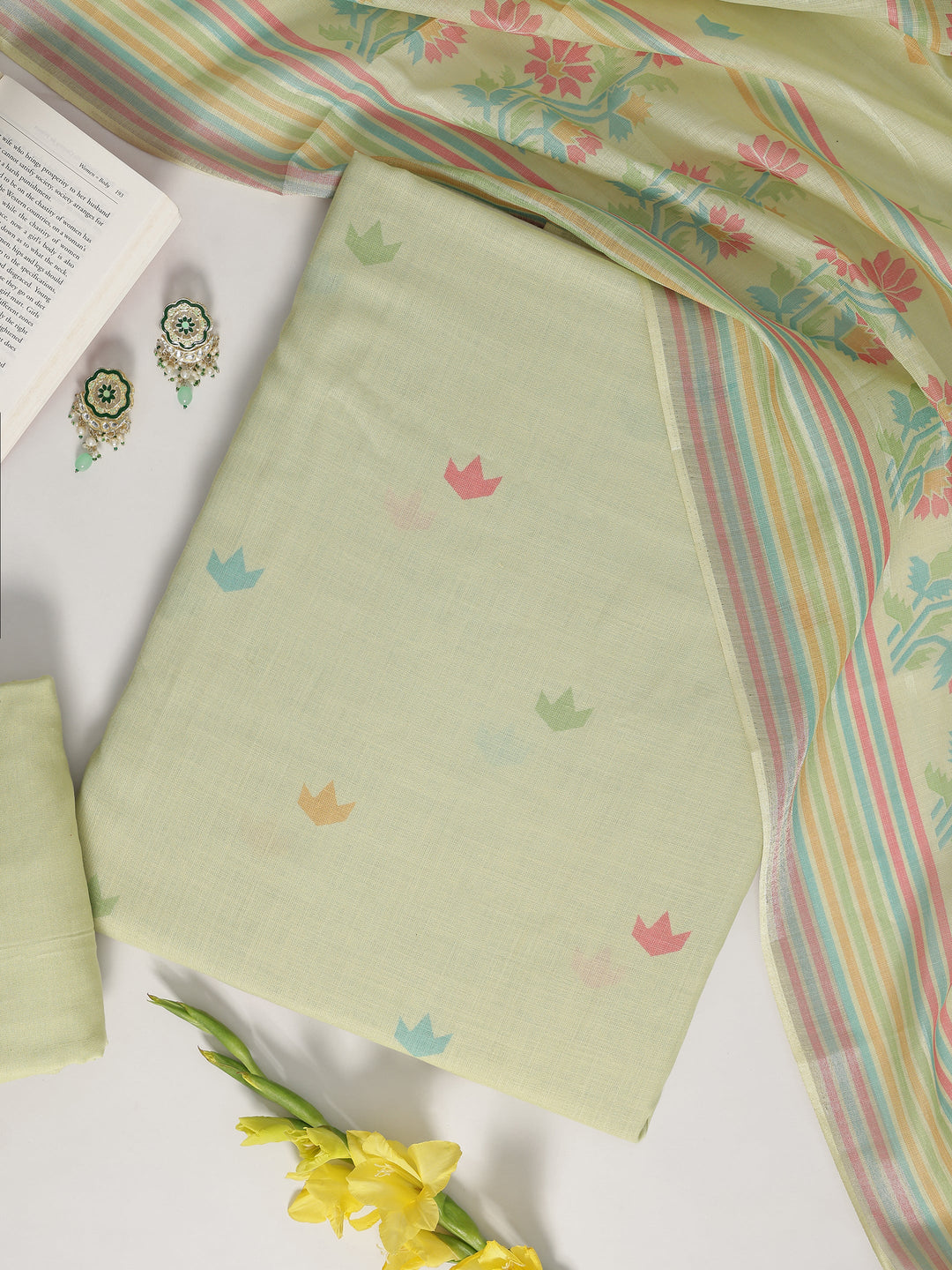 Green Printed Cotton Blend Dress Material With Dupatta