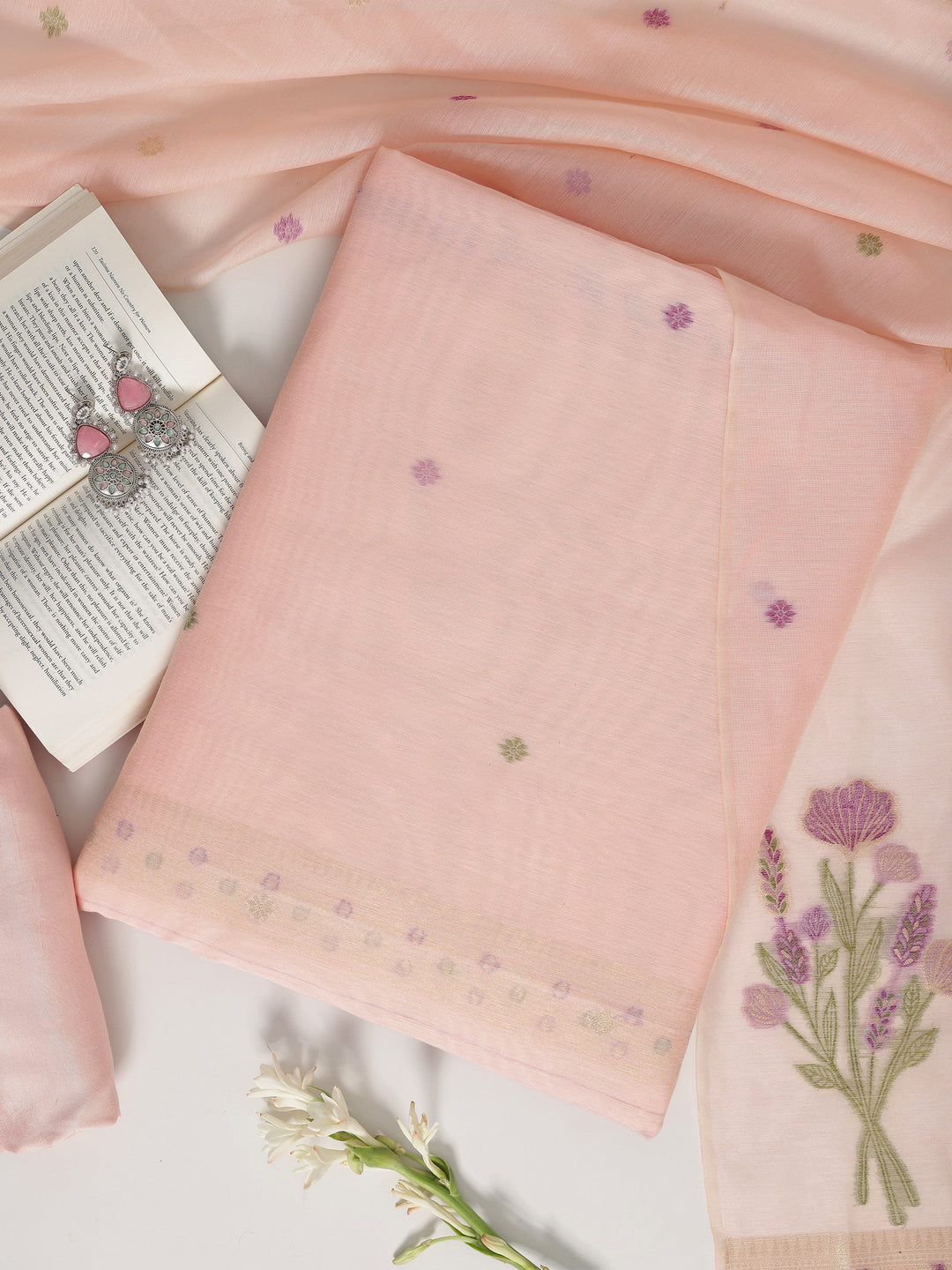 Pink Woven Design Silk blend Dress Material With Dupatta