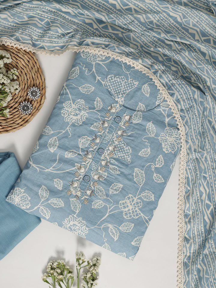 Blue Printed Cotton Dress Material With Dupatta