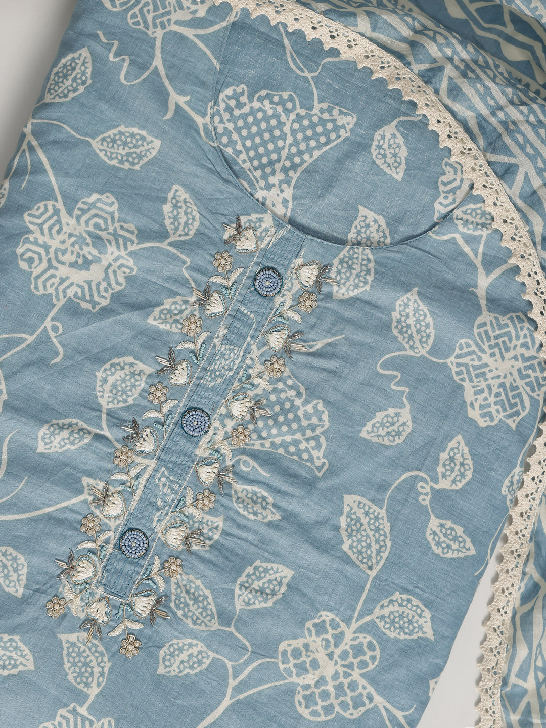 Blue Printed Cotton Dress Material With Dupatta