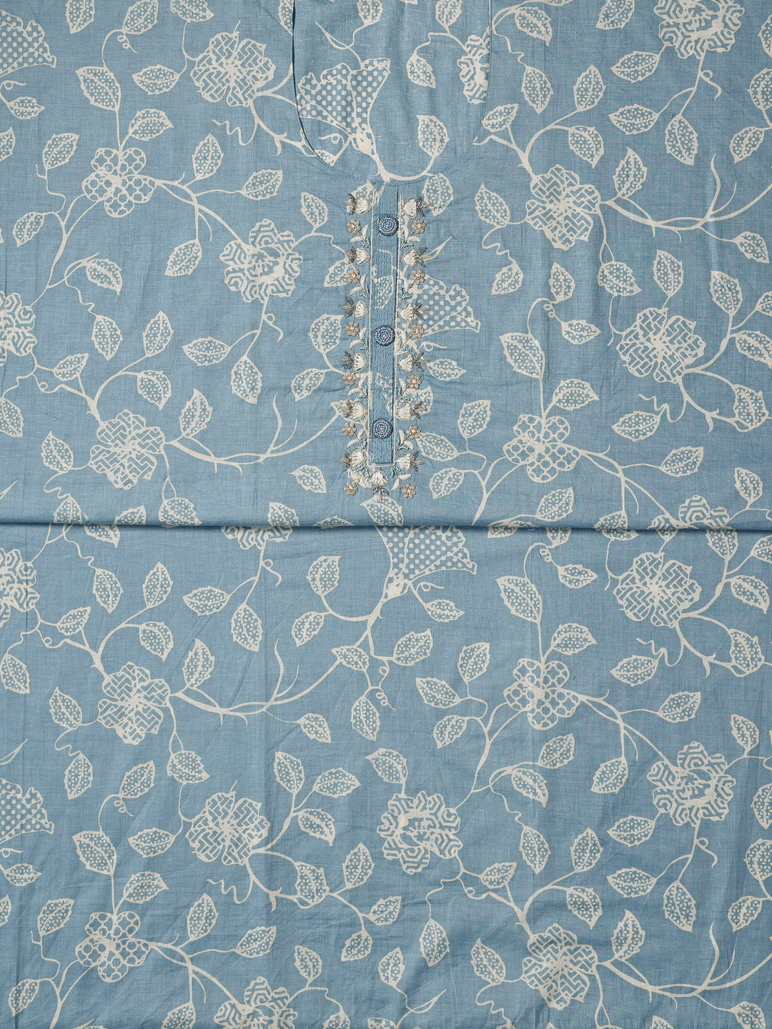 Blue Printed Cotton Dress Material With Dupatta