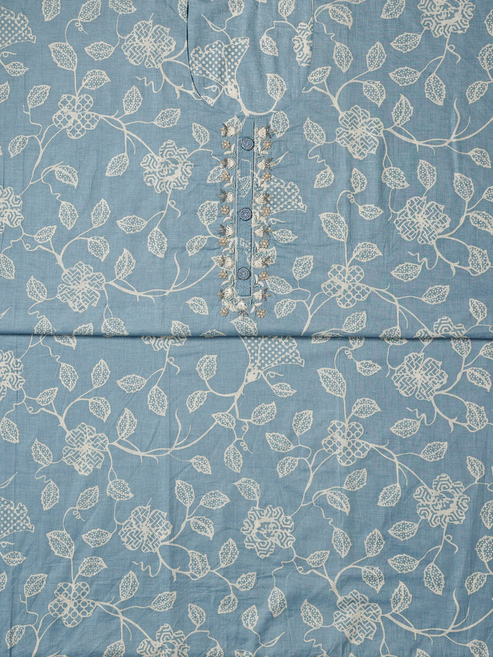 Blue Printed Cotton Dress Material With Dupatta