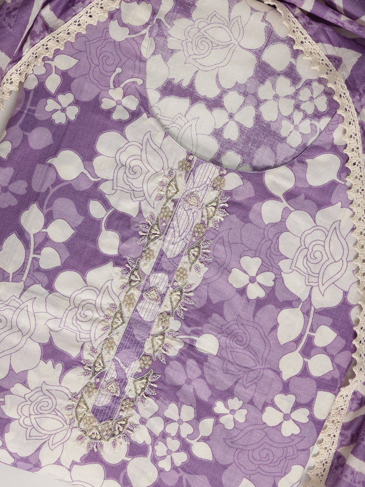 Purple Printed Cotton Dress Material With Dupatta