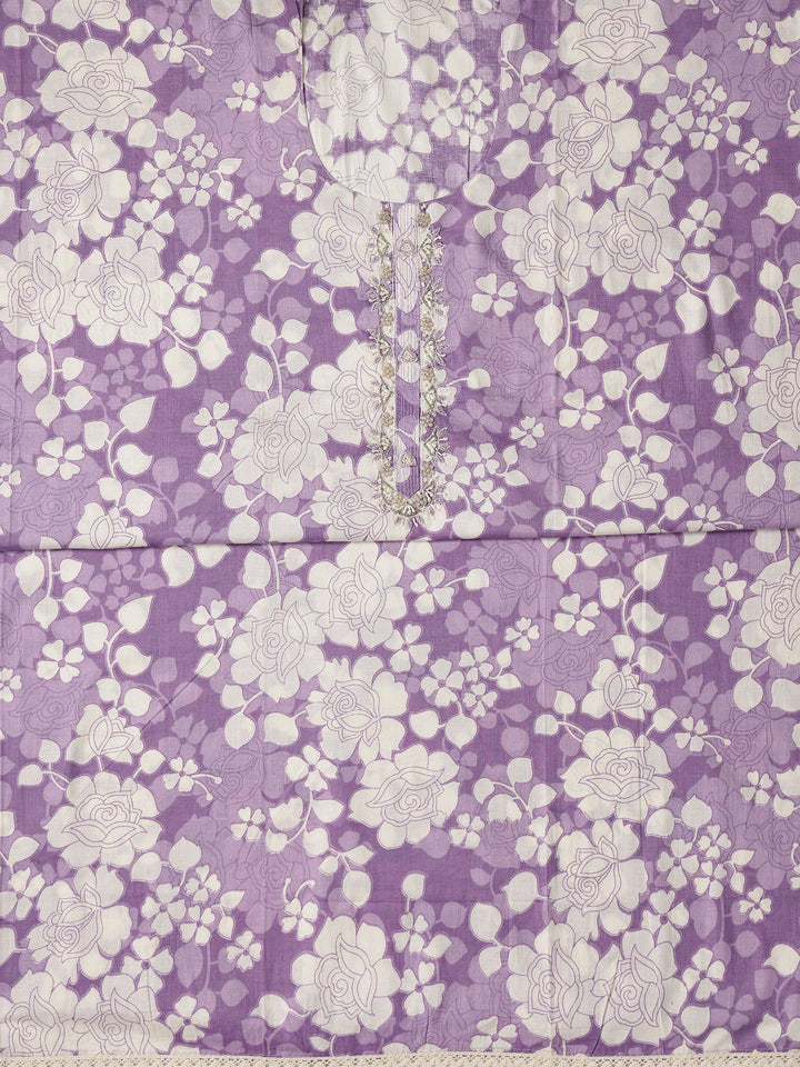 Purple Printed Cotton Dress Material With Dupatta