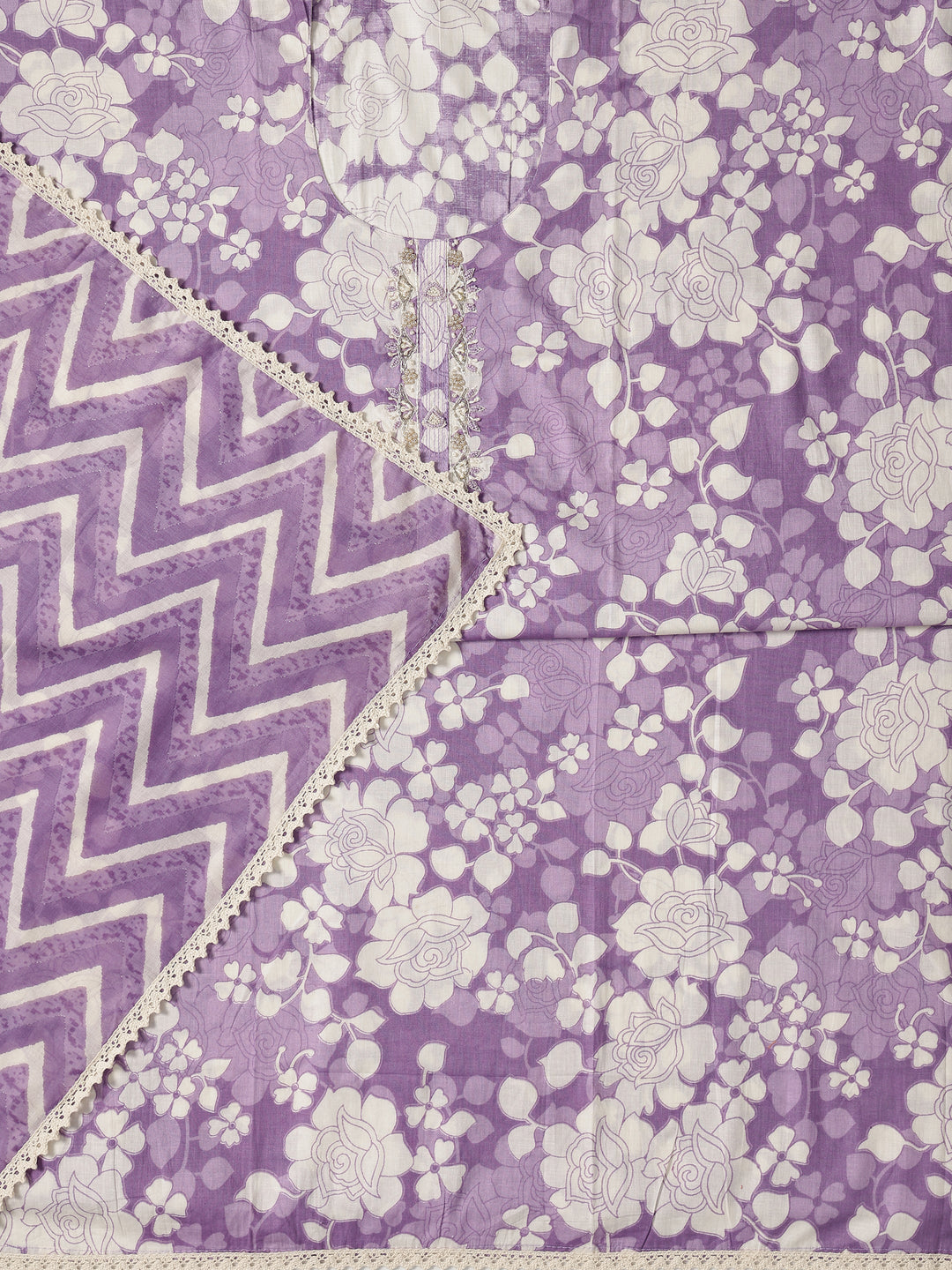 Purple Printed Cotton Dress Material With Dupatta