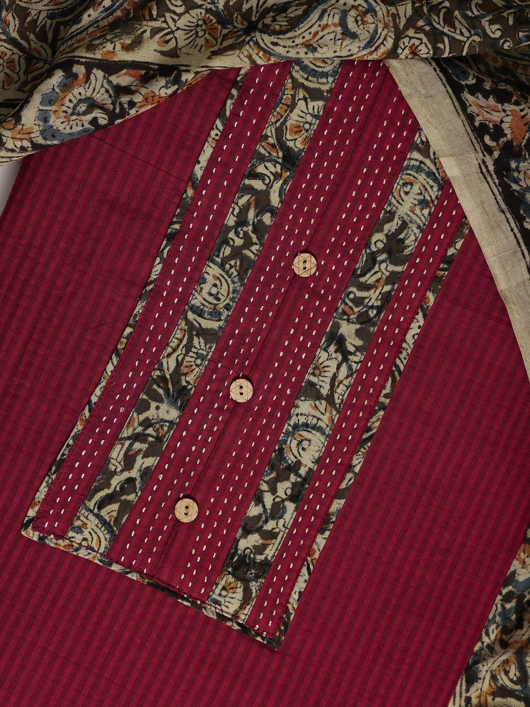 Red Printed Cotton Dress Material With Dupatta