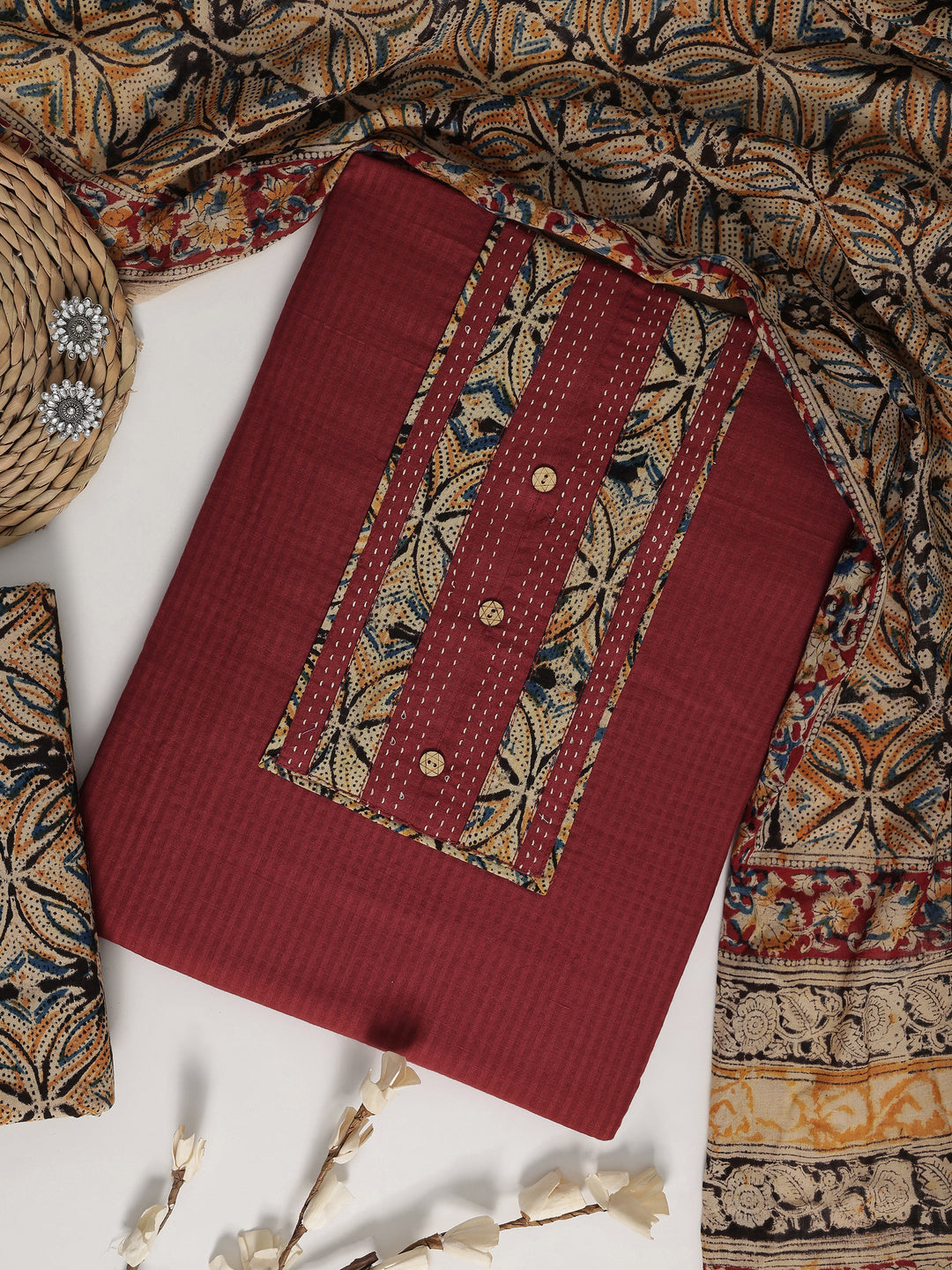 Rust Printed Cotton Dress Material With Dupatta