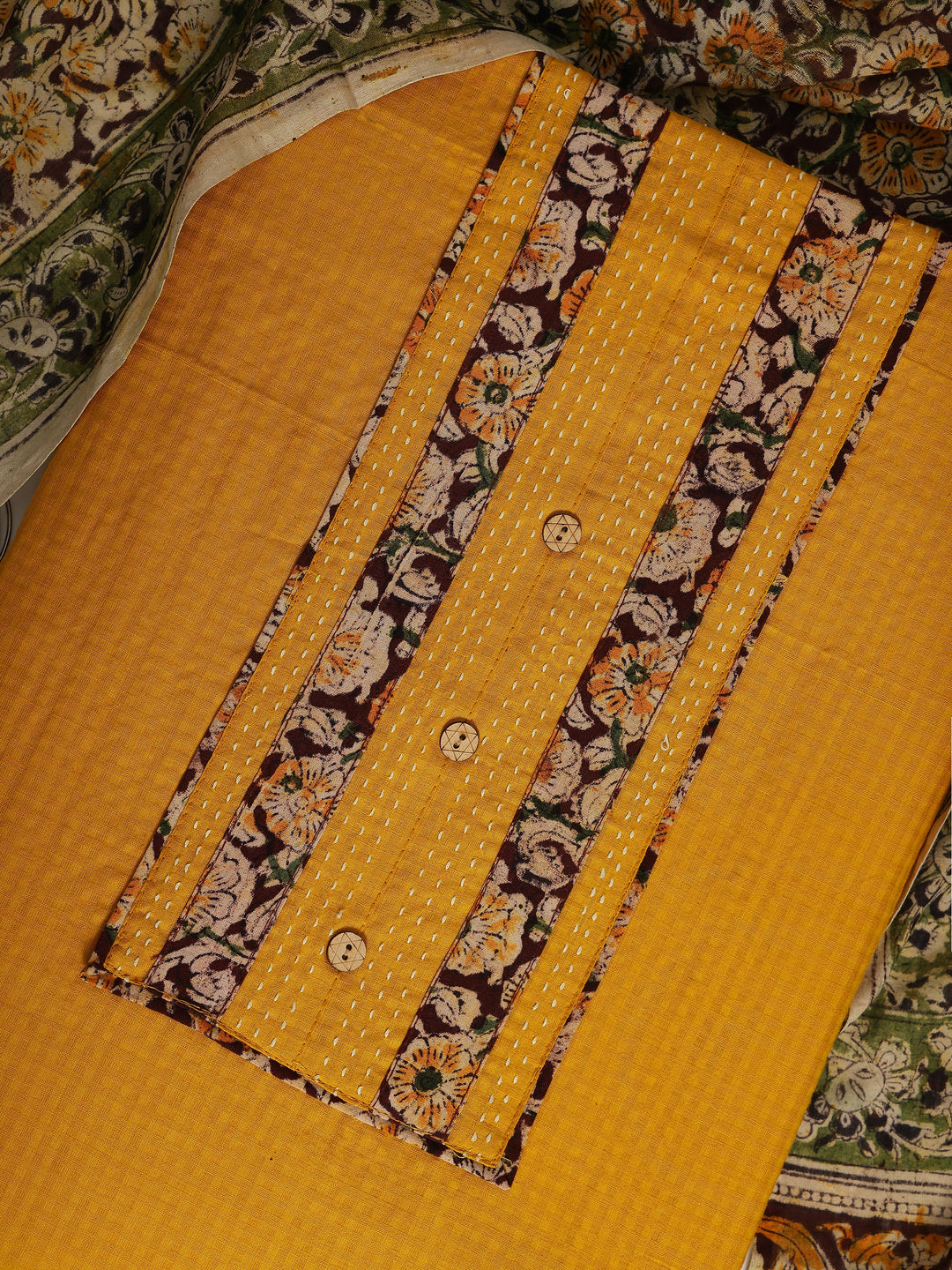 Mustard Printed Cotton Dress Material With Dupatta
