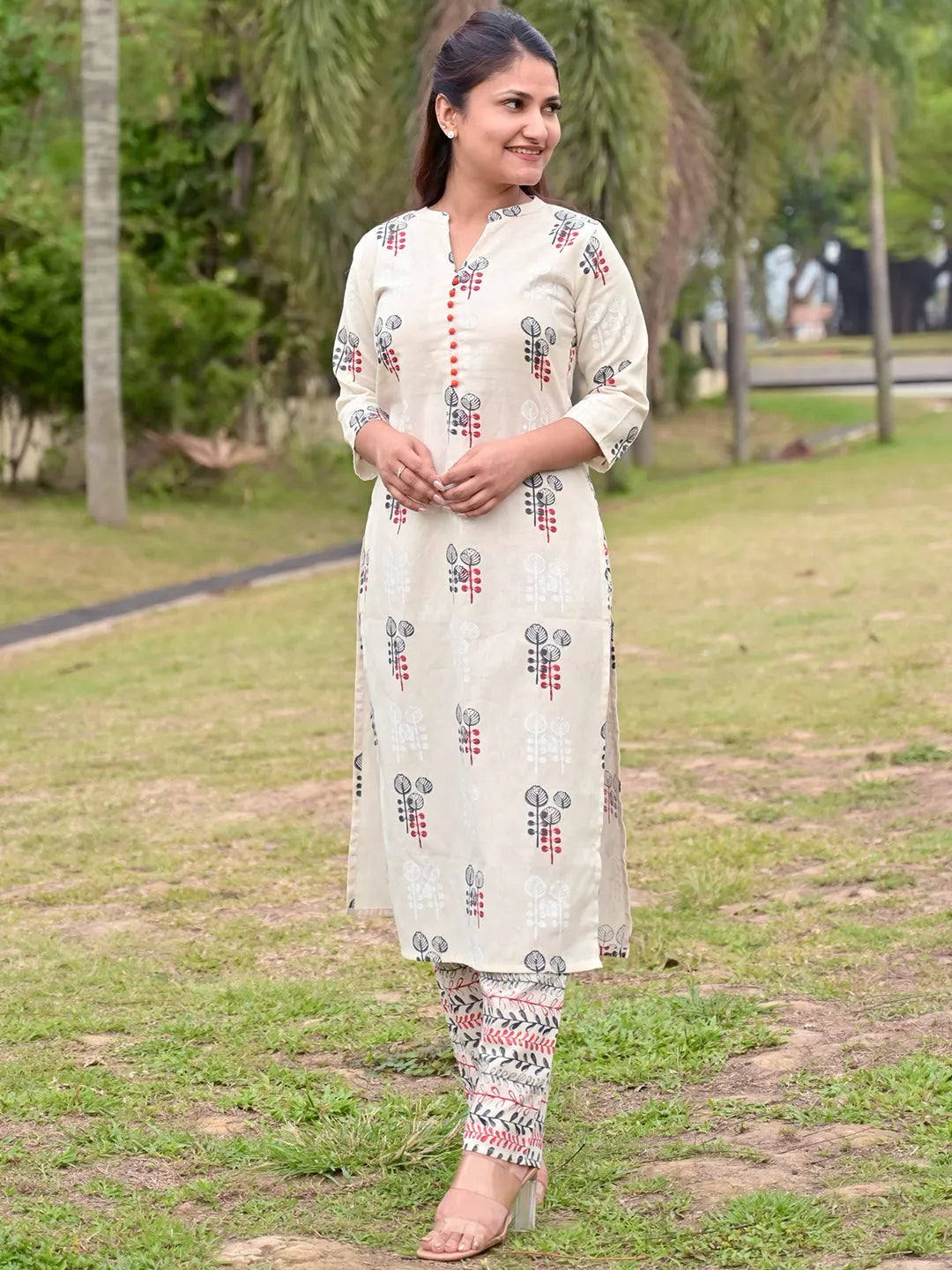 Buy Off-White Printed Cotton Kurta Set Online at Libas
