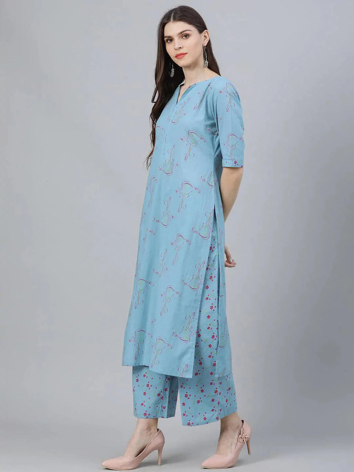 Blue Printed Rayon Suit Set