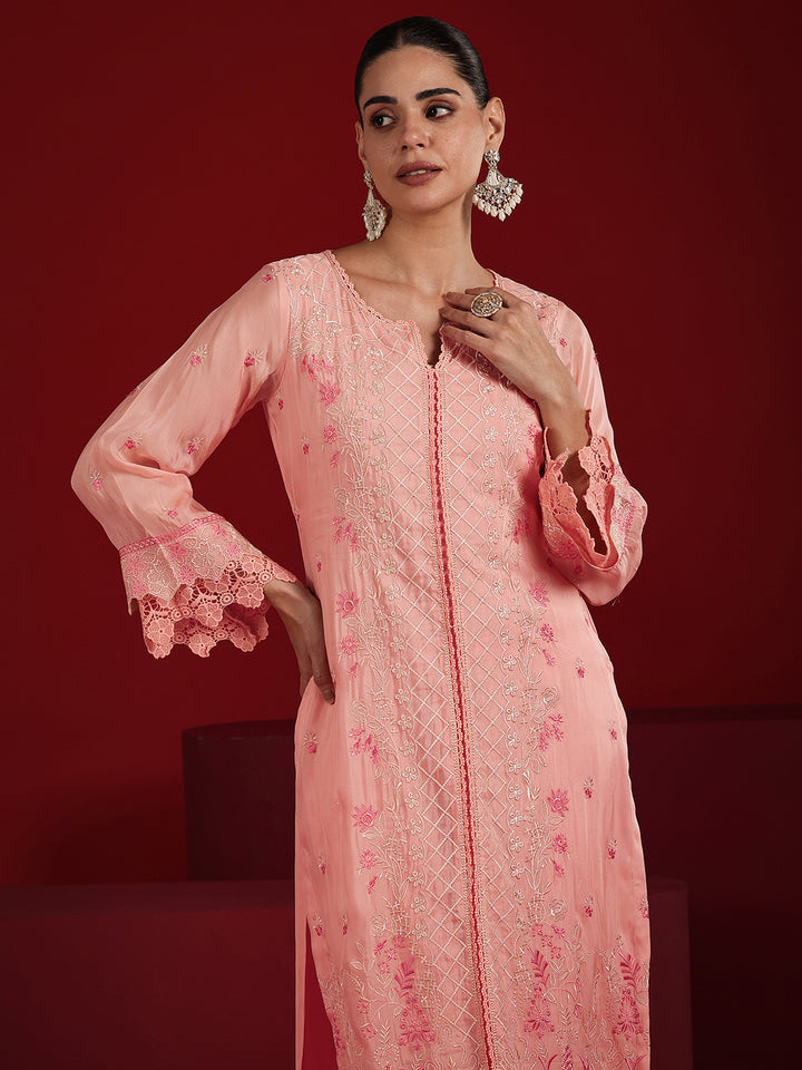 Libas Art Peach Embroidered Organza Straight Suit Set With Dupatta