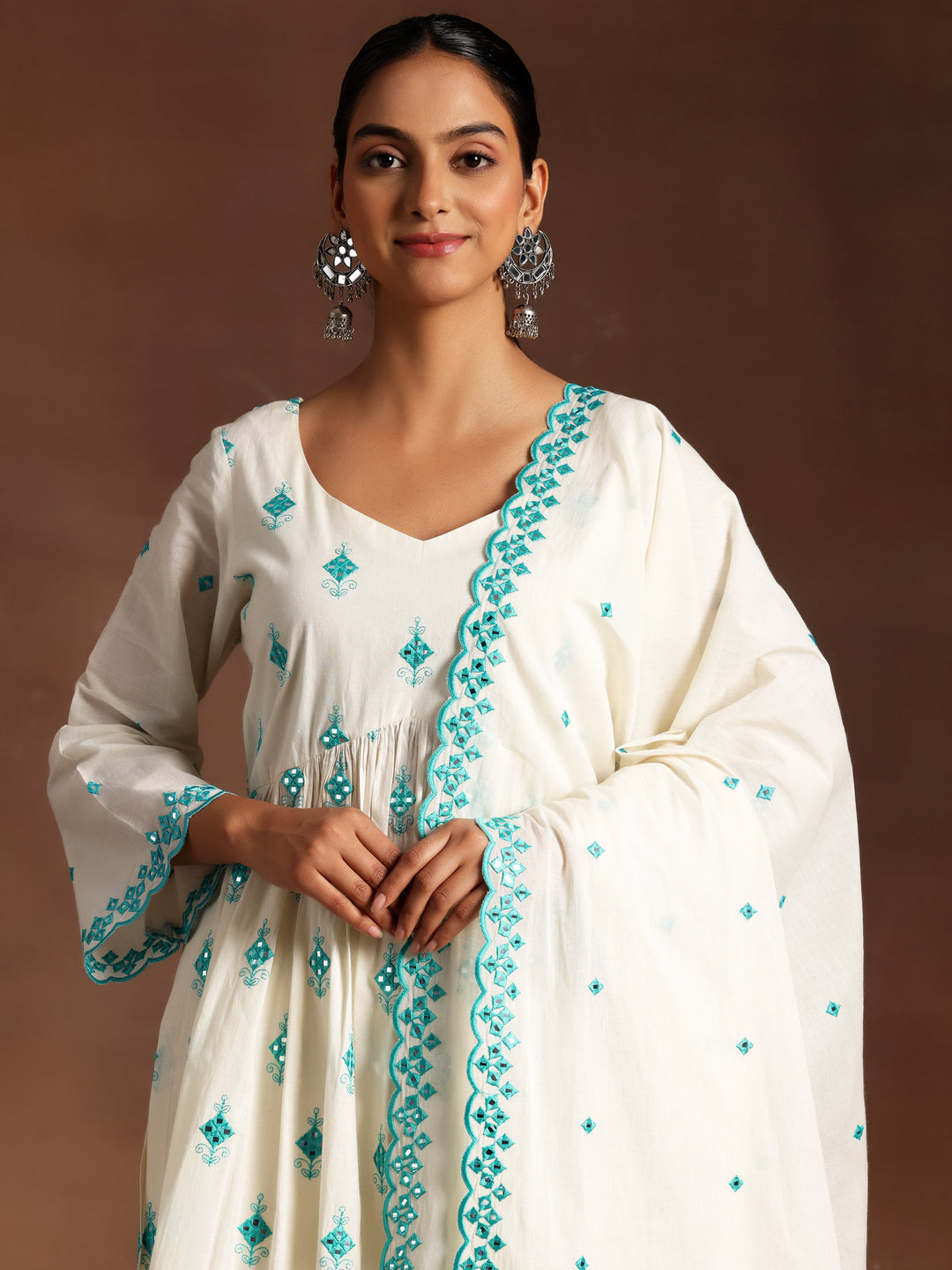 Off White Embroidered Cotton Anarkali Suit With Dupatta