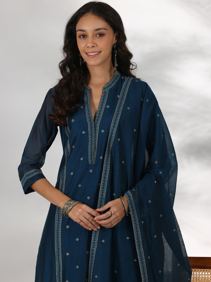 Teal Woven Design Chanderi Silk Straight Suit With Dupatta