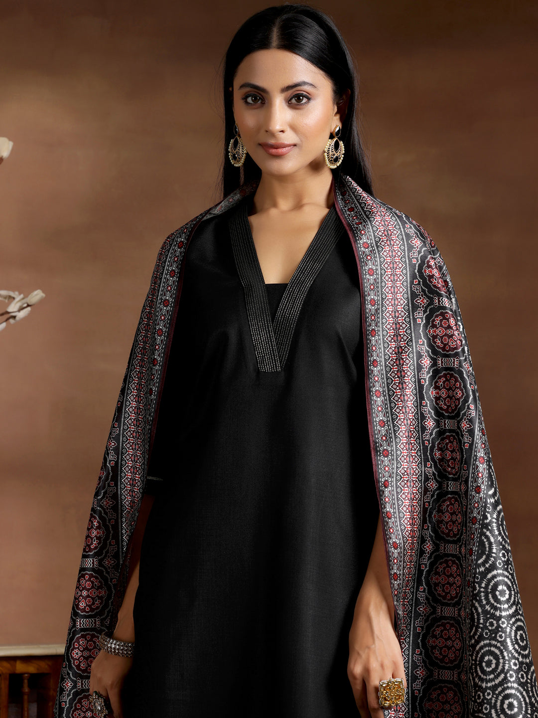 Black Solid Cotton Blend Straight Suit With Dupatta