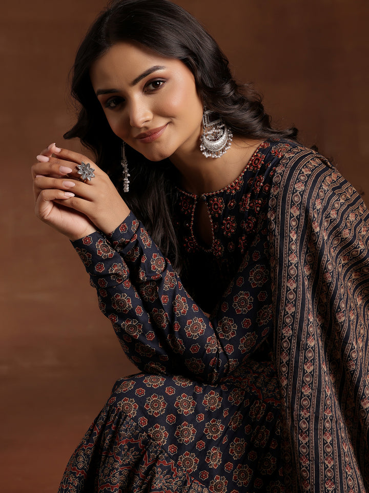 Blue Printed Cotton Anarkali Suit With Dupatta