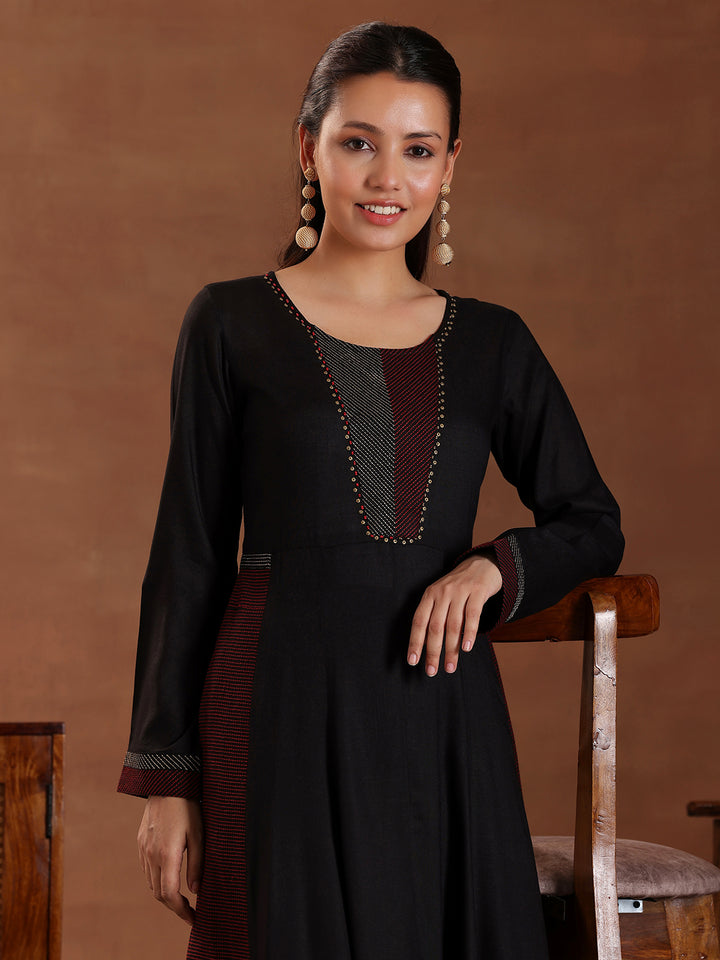 Black Self Design Pure Viscose Rayon A-Line Kurta Set