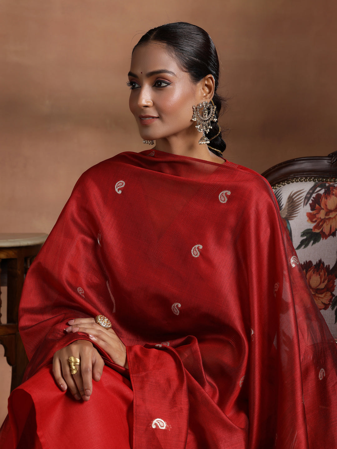 Red Solid Cotton Blend Straight Suit With Dupatta