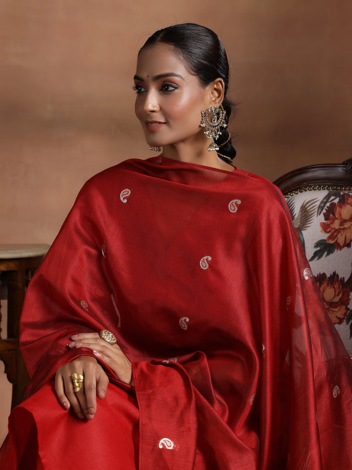 Red Solid Cotton Blend Straight Suit With Dupatta