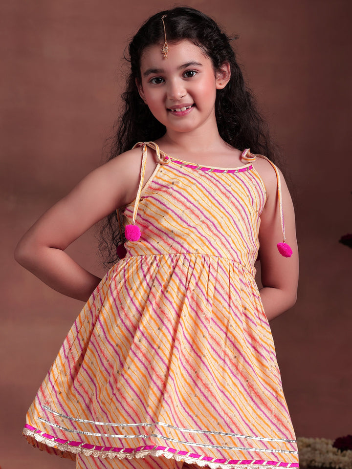 Kids Yellow Printed Cotton A-Line Kurta With Sharara