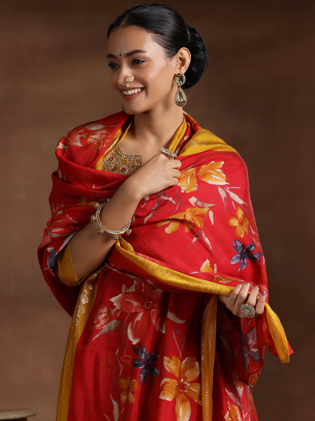 Mustard Printed Silk Blend Straight Suit With Dupatta