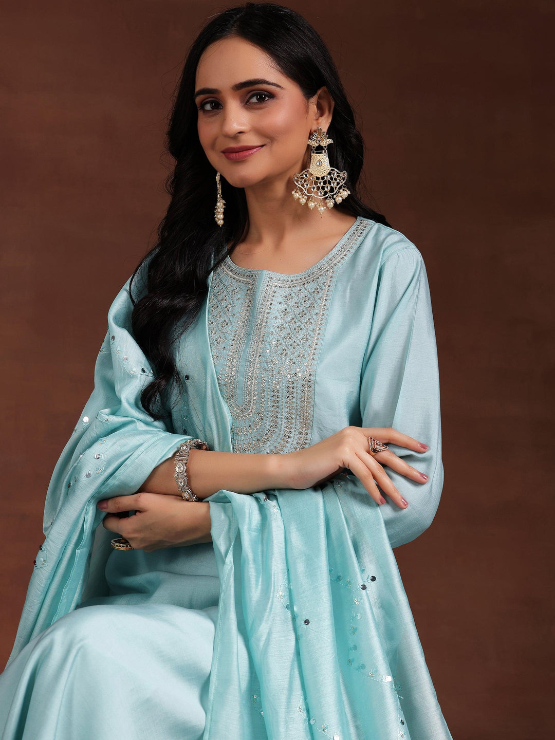 Blue Yoke Design Silk Blend Straight Suit With Dupatta