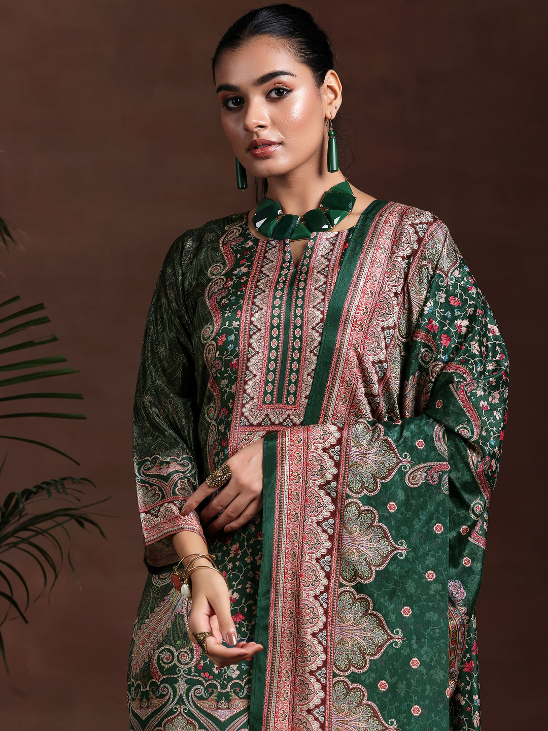 Green Printed Silk Blend Straight Suit With Dupatta