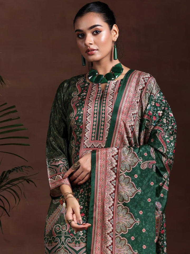 Green Printed Silk Blend Straight Suit With Dupatta
