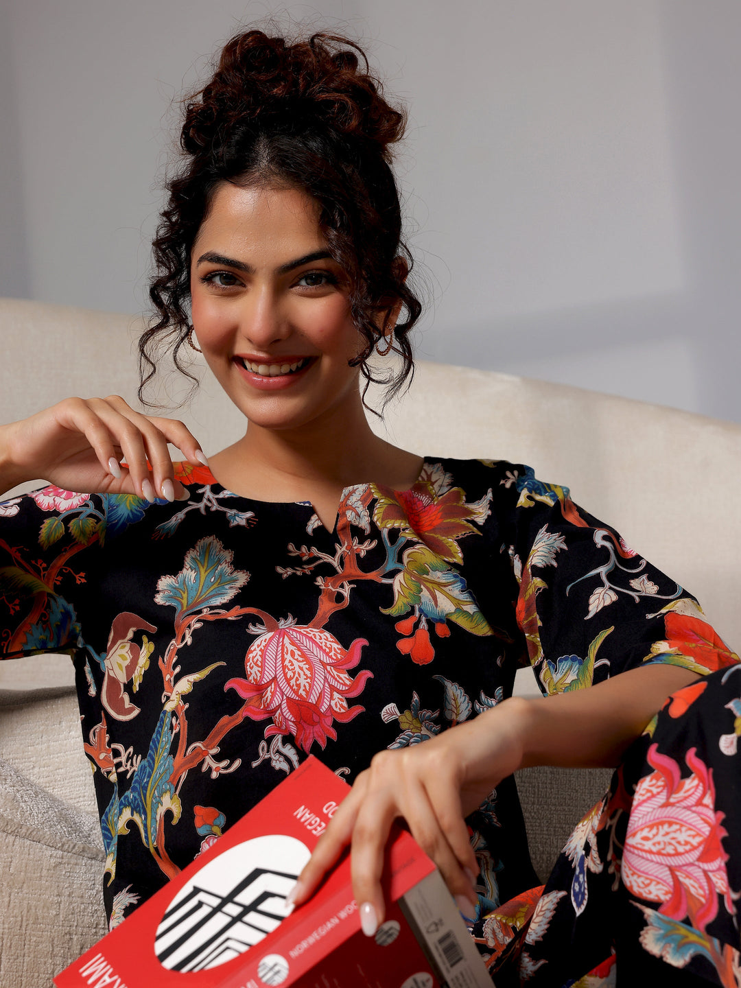 Black Printed Cotton Night Suits