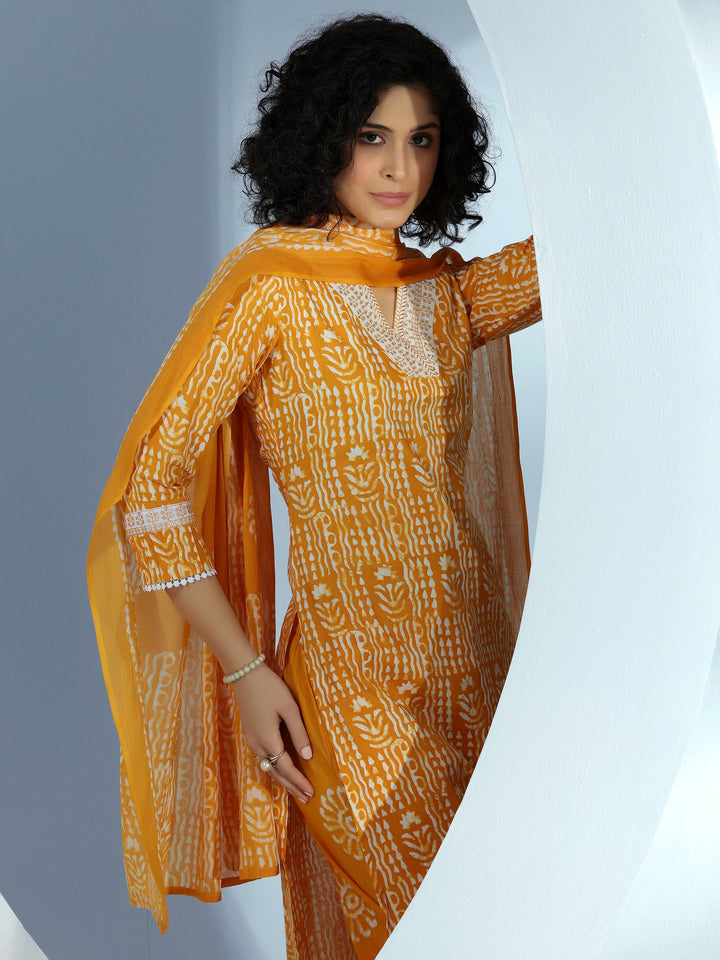 Mustard Printed Cotton Straight Suit With Dupatta