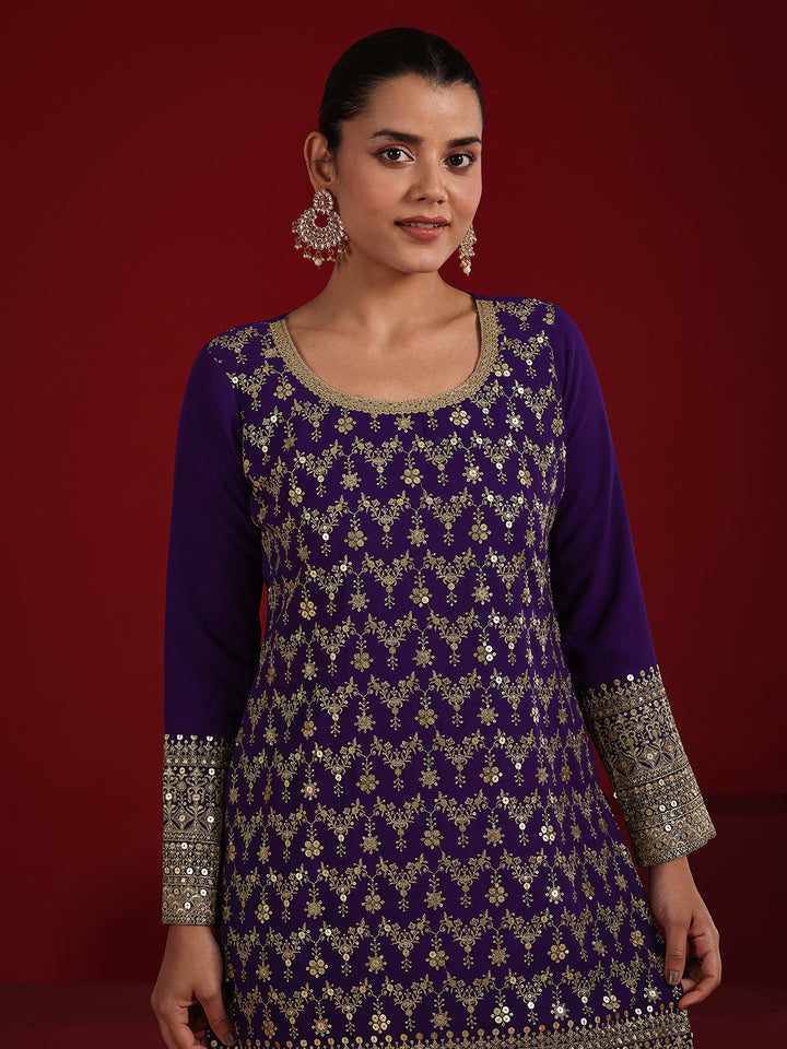 Libas Art Purple Embroidered Georgette Straight Suit Set With Dupatta